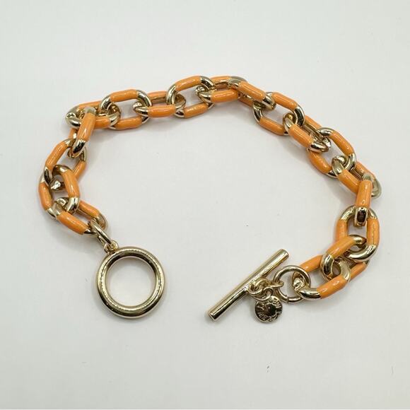 J Crew Enamel Link Bracelet Gold Tone Sweet Marigold Orange Preppy Classic - Picture 2 of 8